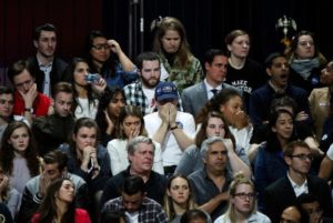 NEW YORK, NY - NOVEMBER 08: People watch voting results at Democratic presidential nominee former Secretary of State Hillary Clinton's election night event at the Jacob K. Javits Convention Center November 8, 2016 in New York City. Clinton is running against Republican nominee, Donald J. Trump to be the 45th President of the United States. (Photo by Drew Angerer/Getty Images) Getty Images North America 681261599 621808502